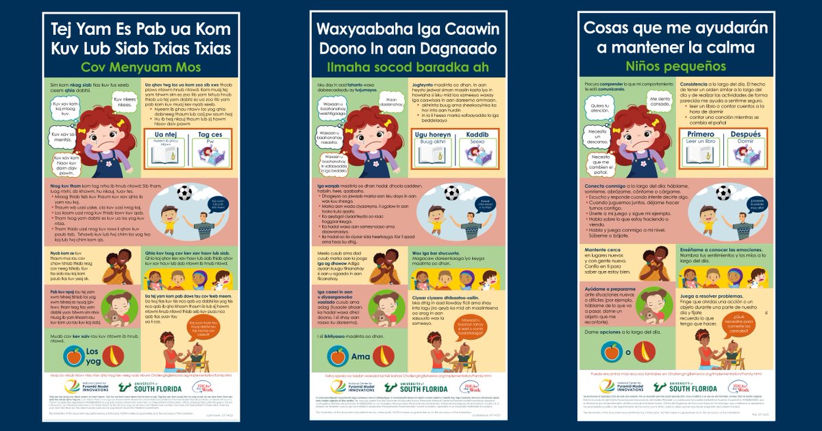 PyramidModel's tweet image. The wonderful folks at @BrightWorksMN shared Hmong, Somali, &amp;amp; Spanish translations of our resource: Things That will Help Me Stay Calm - Toddlers infographic.

You can find these in our resource library to download &amp;amp; share today! 
challengingbehavior.org/resources/
#PyramidModel 

@FCIC_USF
