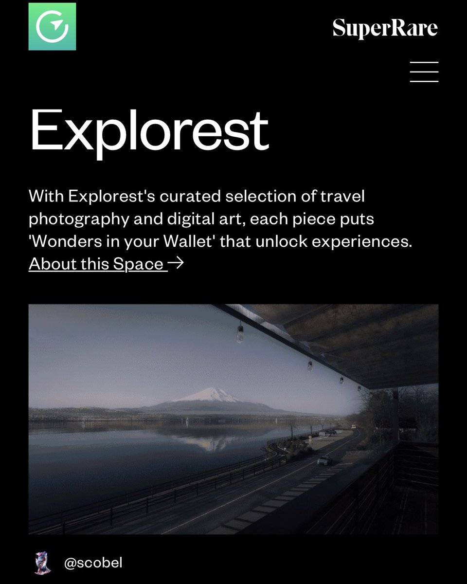 Today marks the launch of the Explorest Gallery, a curated space for travel art on @SuperRare! 

Each artwork is a “Wonder in your Wallet,” unlocking real-world experiences. Our debut features 'Fuji', a groundbreaking creation by @mattscobel. Explore below! 👇🧵