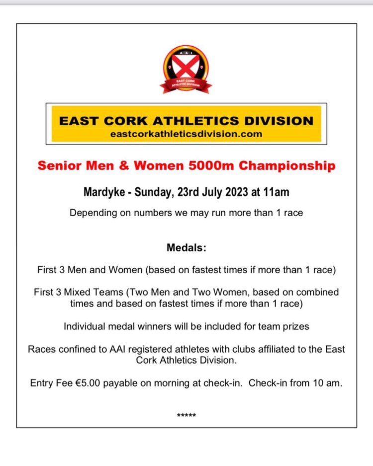 East Cork Athletics Division 5000m Championship this Sunday at 11am in the Mardyke 🏃‍♀️🏃‍♂️
Details in the attached flyer.
See you all there 🤍💚
<a href="/AthCork/">East Cork Ath Div</a>