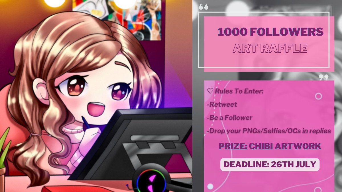 AndreaArtistic's tweet image. SO IT'S ALMOST TIME!🎉

1000 FOLLOWERS ART RAFFLE

Prize: CUTE CHIBI ARTWORK

♡ Rules To Enter:
❖ Retweet
❖ Be a Follower
❖ Drop your PNGs/Selfies/OCs in replies

☥ Deadline: 26th July

2 Winners will be announced next Friday

࿙࿚ ࿙࿚ ࿙࿚・ ʚ ♡ ɞ・࿙࿚ ࿙࿚ ࿙࿚