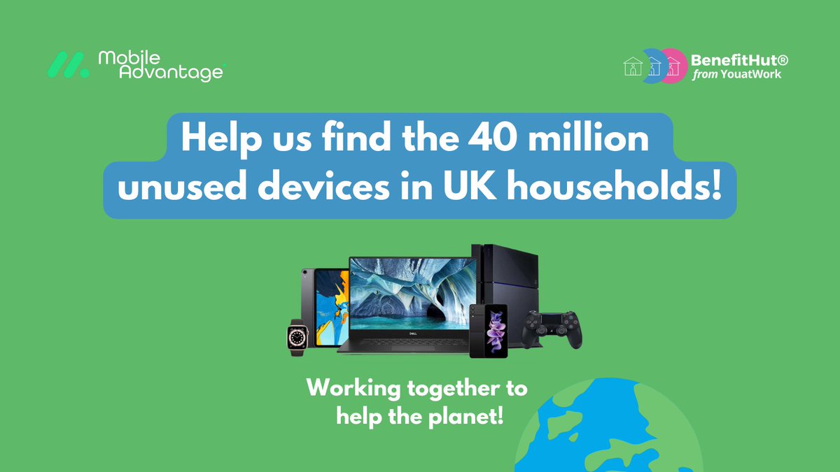 Studies have shown that there are up to 40 Million
unused devices in UK households...

...we're pleased to partner with <a href="/MobileAdvant/">MobileAdvantage</a> to see if we can help unearth some of them!

#reduceCO2
#savetheplanet
#greenbenefits
#mobiledevices
#carbonfootprint 
#greenbenefits