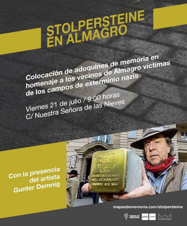 AlfonsoVillalt's tweet photo. El próximo viernes 21 de julio contaremos con la presencia del artista Gunter Demnig en Almagro para colocar los adoquines en recuerdo de sus vecinos víctimas de los campos nazis. 
📆 Viernes 21 de julio
🕒 9:00 horas 
📍C/Ntra. Señora de las Nieves
#stolpersteine #almagro https://t.co/XpuAPLiXUE