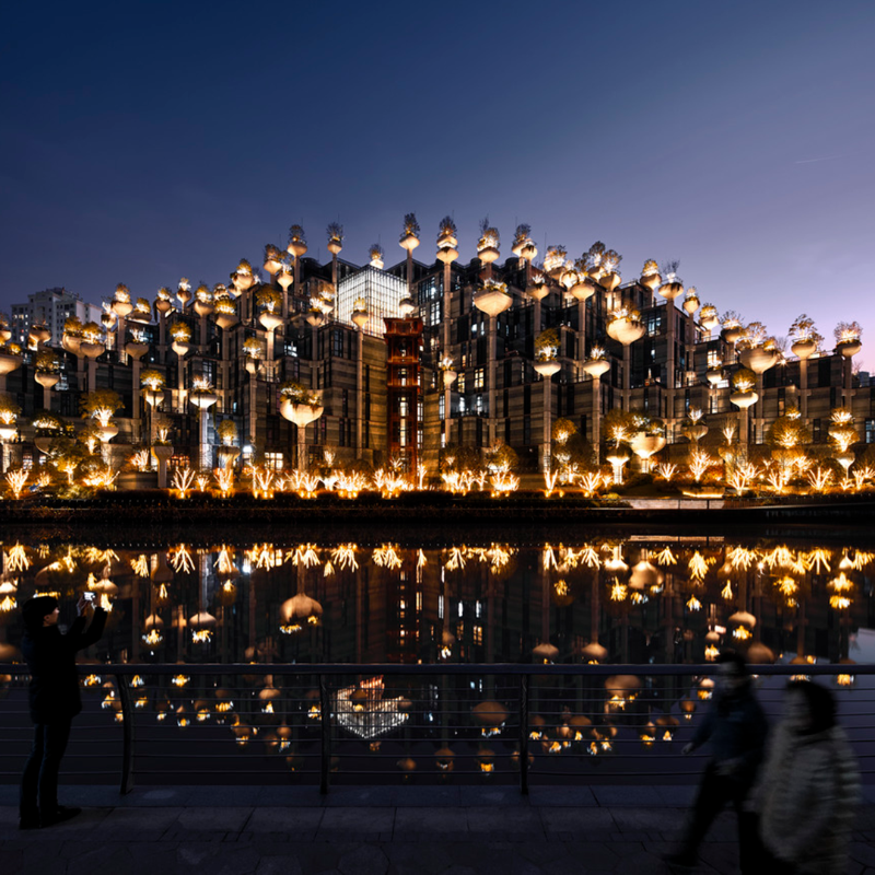 Lutron's tweet photo. Heatherwick Studio created a tree-capped landscape in the Shanghai skyline – powered by Quantum. See how they brought this space to life at @archdaily.