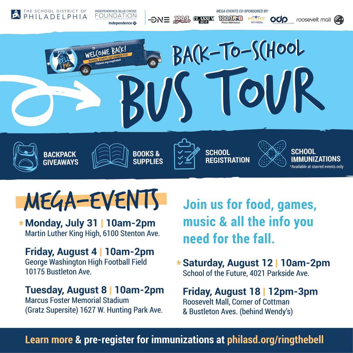 Philadelphia Schools (@phlschools) on Twitter photo 🚌 Our Back-to-School Bus Tour is returning this July to Philly neighborhoods!
🎒Get a free backpack & all your back-to-school needs!
▶️ Get a list of tour stops & dates at philasd.org/ringthebell
Powered by <a href="/ibxfdn/">IBX Foundation</a> #SDPBusTour #RingtheBellPHL #PHLed 🚌 Our Back-to-School Bus Tour is returning this July to Philly neighborhoods!
🎒Get a free backpack & all your back-to-school needs!
▶️ Get a list of tour stops & dates at philasd.org/ringthebell
Powered by <a href="/ibxfdn/">IBX Foundation</a> #SDPBusTour #RingtheBellPHL #PHLed