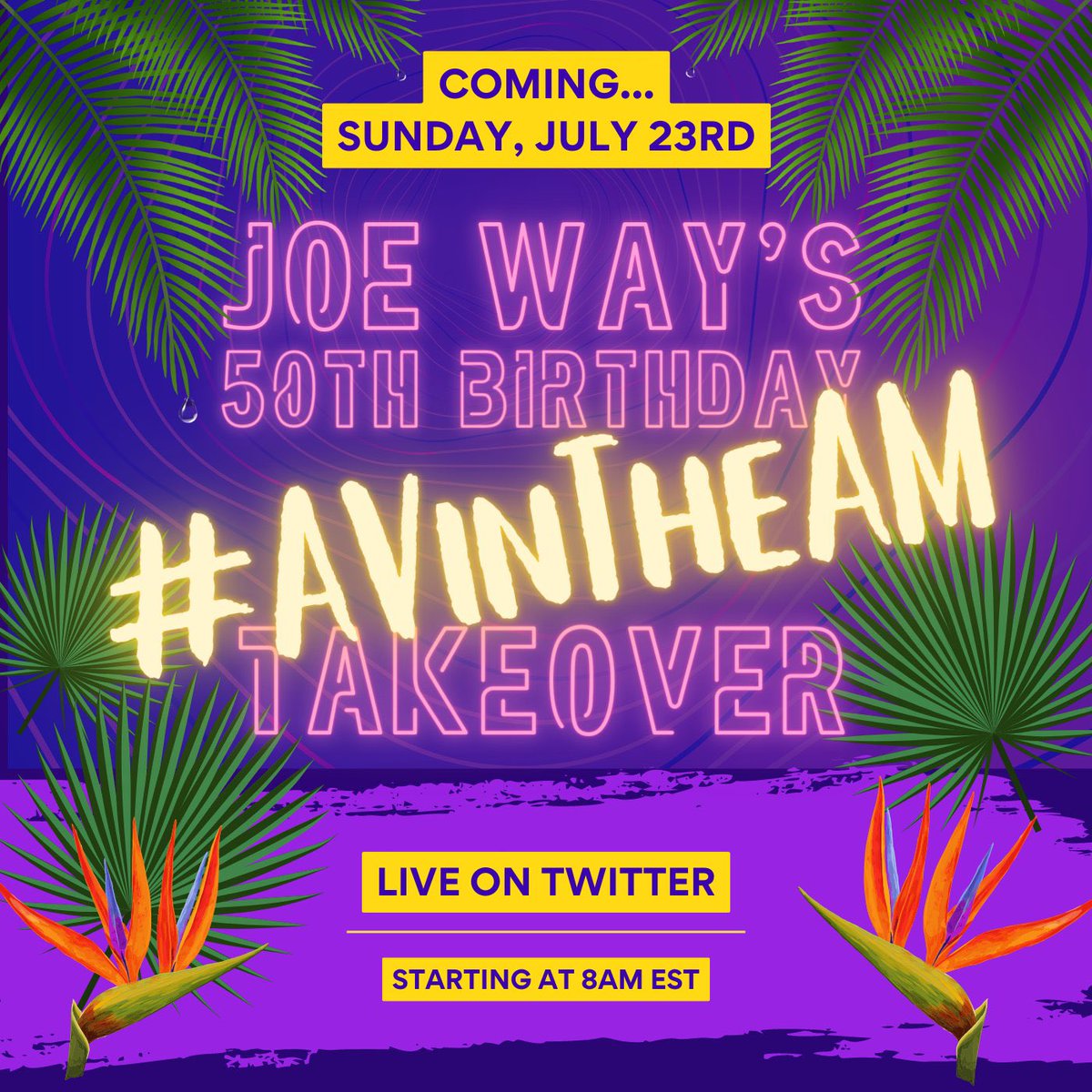 Don't miss this Sunday's #AVinTheAM where I'll lead a 50th Birthday Takeover (yes, my 50th is actually on Sunday). To participate, search/follow the hashtag "#AVinTheAM". At 8am EST on 7/23, <a href="/chris_neto/">Christopher Neto CTS</a> will post 6 questions (normally 5 questions, but... #JacobyRule) on his feed