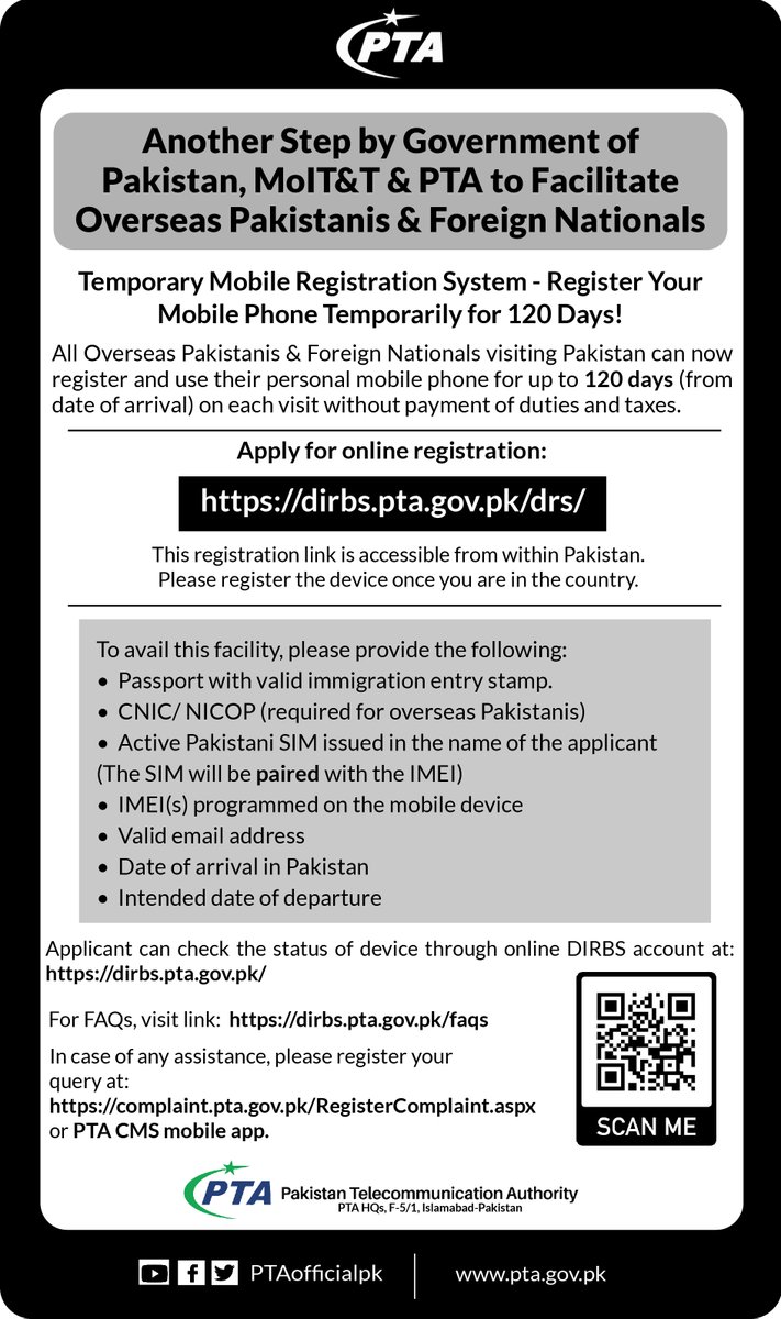 PTAofficialpk's tweet photo. Temporary Mobile Registration System!

Overseas Pakistanis &amp; Foreign Nationals visiting Pakistan can now register &amp; use their personal mobile phone for 120 days (from date of arrival) on each visit without payment of duties and taxes. https://t.co/olepT3Nk8f