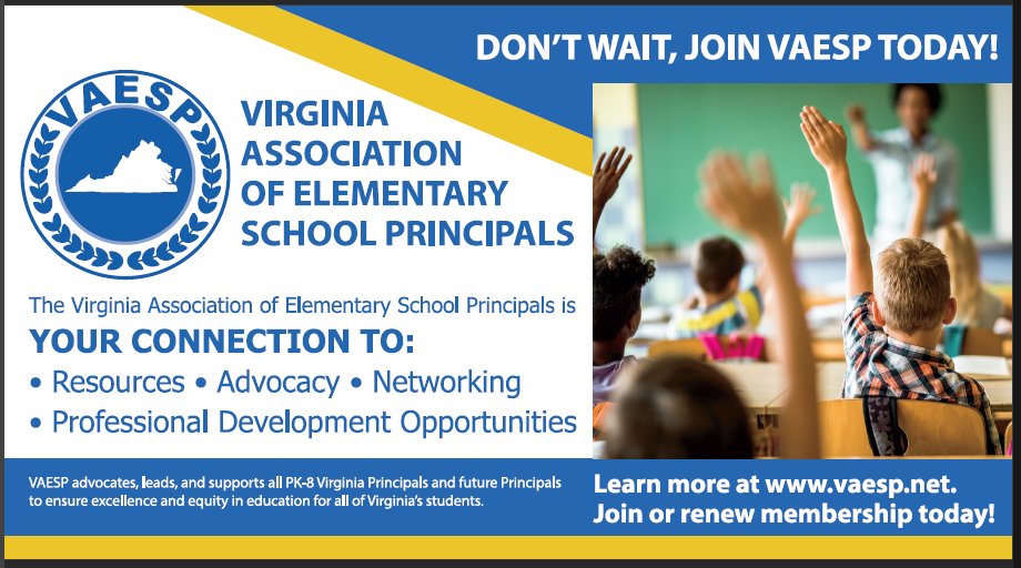 Join VAESP Now! vaesp.net @AndrewBuchheit @tweetnprincipal @VictorLeonPowe1 @GinnyGills @APLopezFCPS @jmatherly @NAESP_Zone_3 @NAESP @CcpWilson @_ALarsen @dcpsmoss @CongerCasey