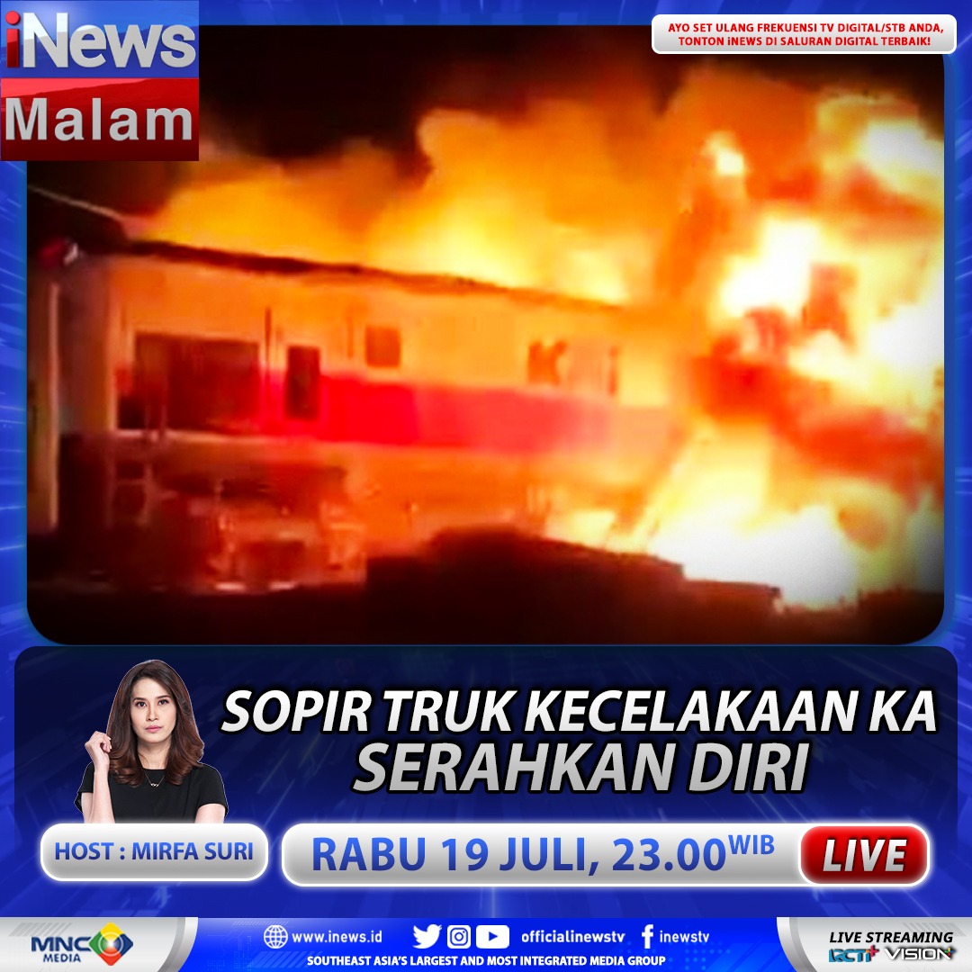 officialinews_'s tweet photo. Saksikan iNews Malam "Sopir Truk Kecelakaan KA Serahkan Diri". Malam ini, Rabu 19 Juli 2023, pukul 23.00 WIB.
Hanya di iNews!
#iNews #iNewsMalam #Sopirtruk #kecelakaan #kabrantas https://t.co/hiHUVDYhBC