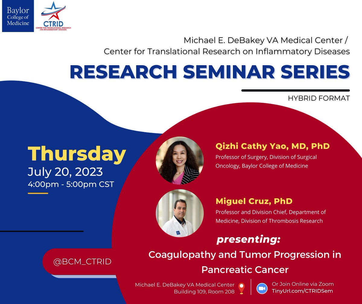 BCM_CTRID's tweet photo. Don't miss tomorrow's HYBRID #CTRID #research #seminar with Drs. Cathy Yao & Miguel Cruz presenting, "Coagulopathy and Tumor Progression in Pancreatic Cancer." We hope to see you in person!
๐๏ธThurs 7/20 @ 4pm
๐@VAHouston #MEDVAMC Bldg 109, Rm 208
๐ฆ https://t.co/BWSL8RUv9T https://t.co/0niFihXqbA