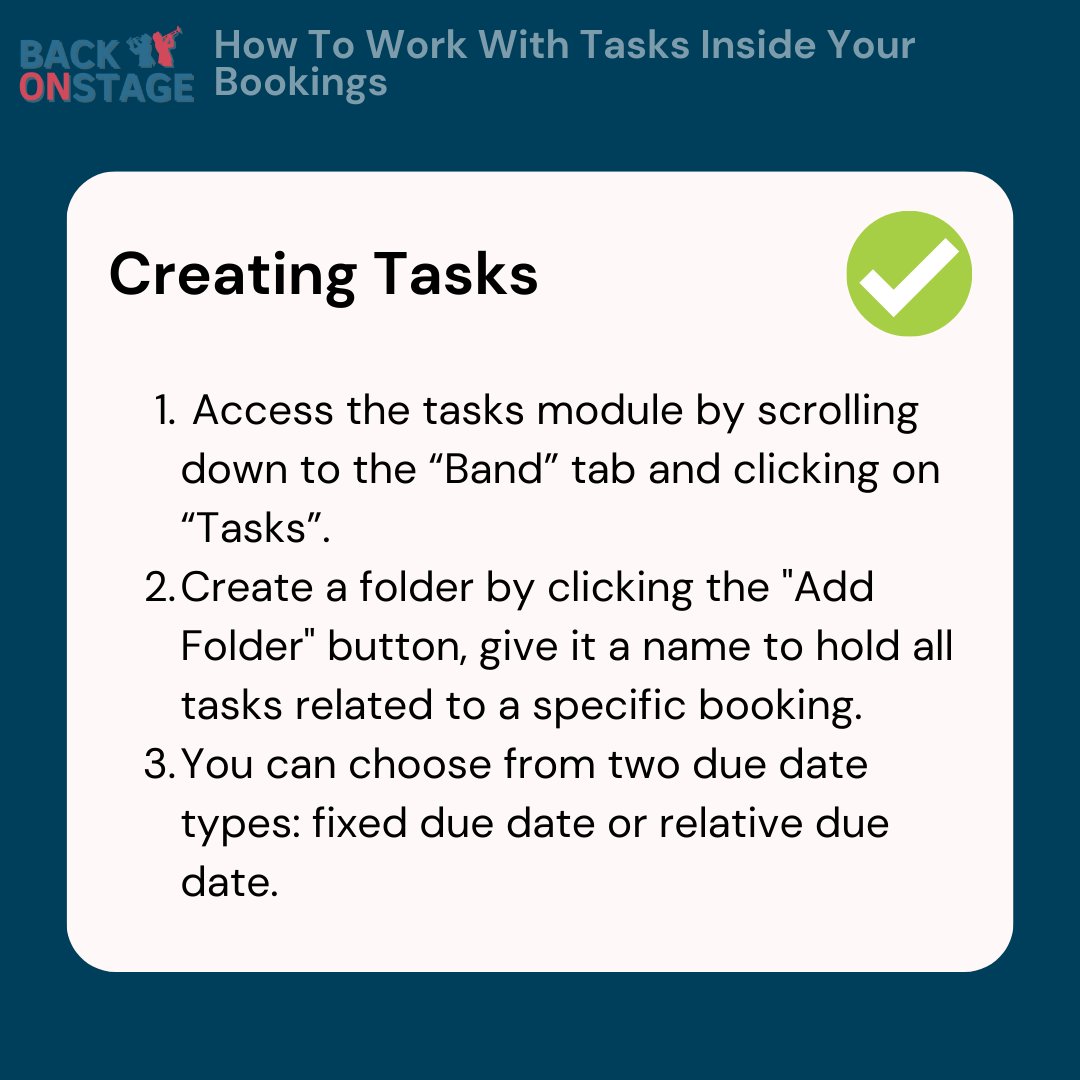 BackOnStageApp's tweet image. Stay on top of your live #music #bookings with Back On Stage&apos;s tasks module! 🎶📅✅ This tutorial shows you how to use Tasks to ensure nothing falls through the cracks. 🚀

#TaskOrganization #BandManagement #BOSTutorials #Gigs #Band #BandApp