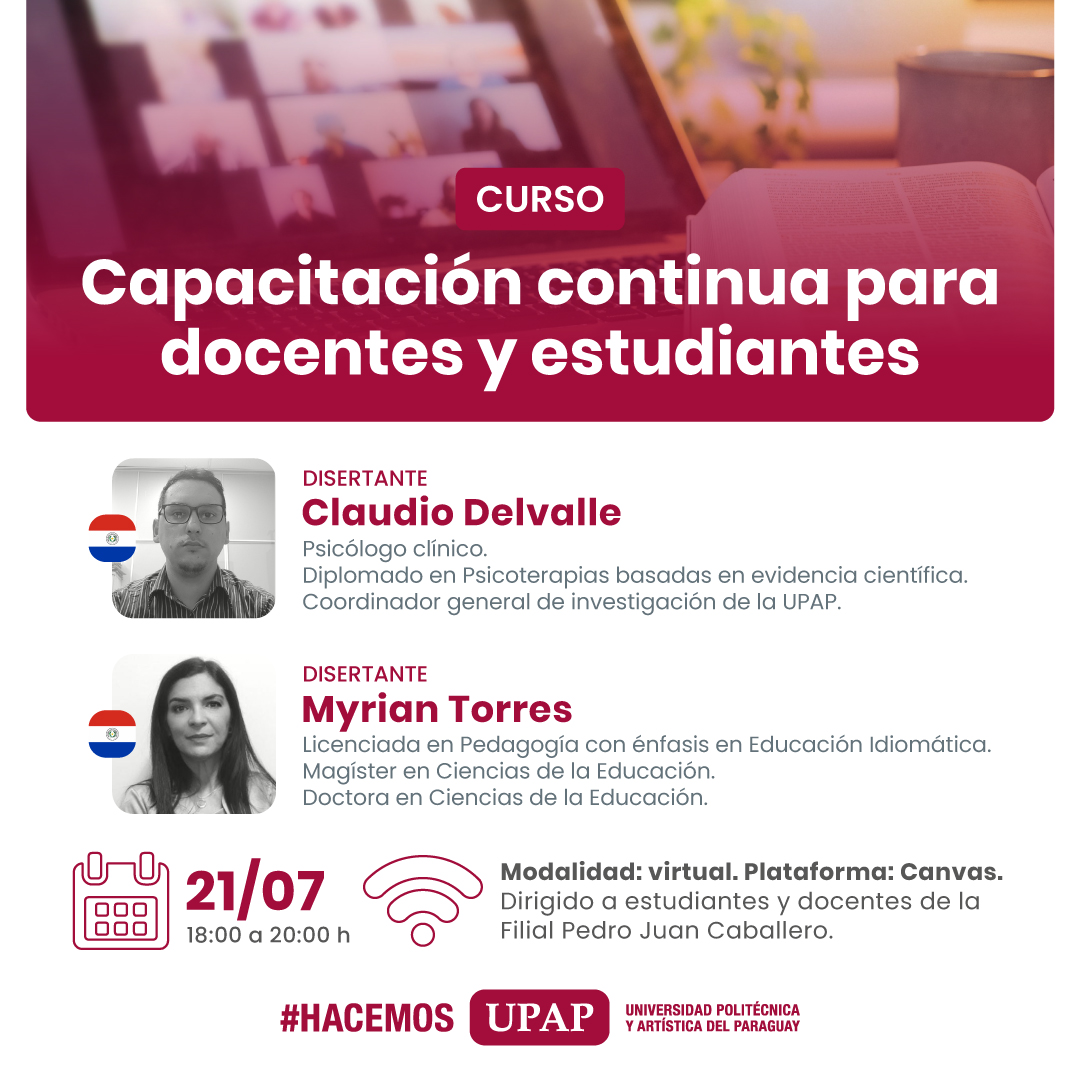 La Filial Pedro Juan Caballero invita a la Capacitación continua para docentes y estudiantes a realizarse este viernes 21 de julio. Tiene como objetivo mejorar la producción científica, el conocimiento y las habilidades en la investigación. #HACEMOS