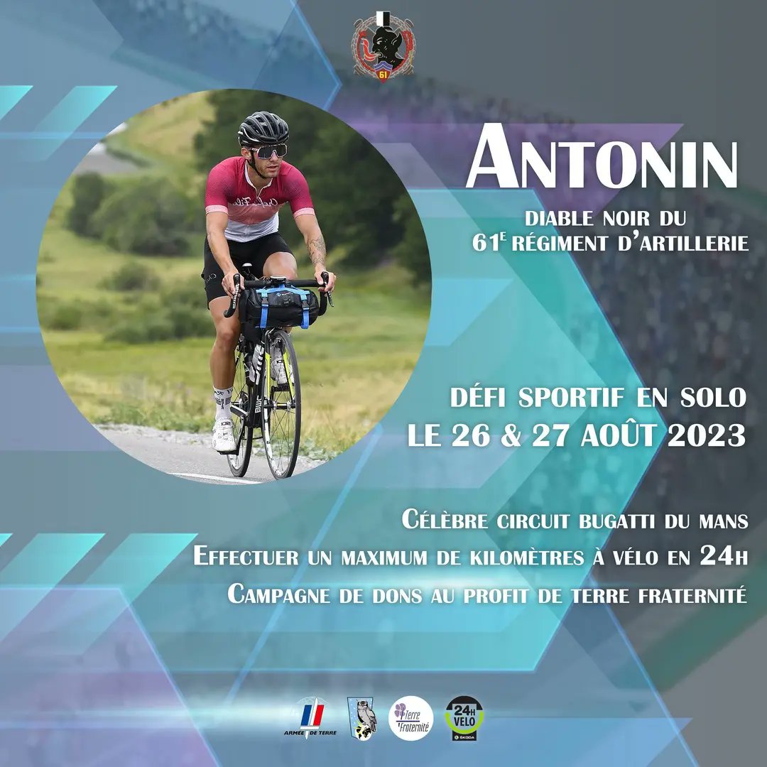 61eRegART's tweet photo. Le BCH Antonin, diable noir au sein du 61e régiment d’artillerie réalisera un défi sportif qui sont les 24H du Mans en vélo le week-end du 26 et 27 août, en collaboration avec l’association Terre fraternité.
#24hdumansvelo #armeedeterre #cabat #AvecNosBlessés #lemans https://t.co/pm5G2tA5Lr