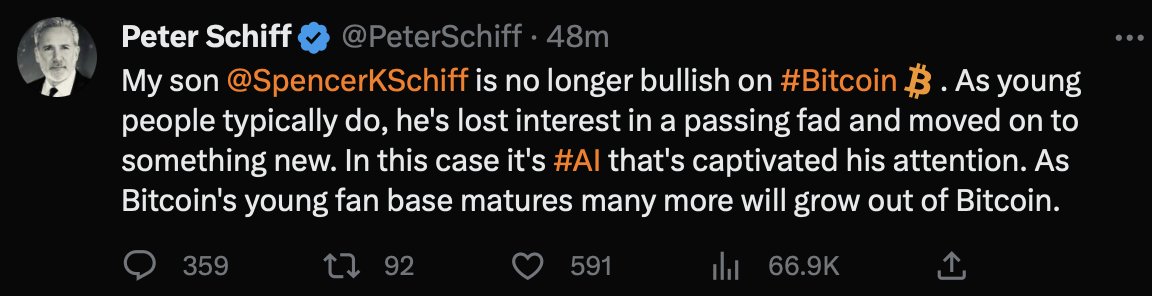 BitcoinNewsCom's tweet photo. NEW: Peter Schiff says that as "Bitcoin's young fan base matures many more will grow out of #Bitcoin" 👀

Meanwhile, global #Bitcoin adoption continues unabated 🙌 https://t.co/Agl5YVWV3Y