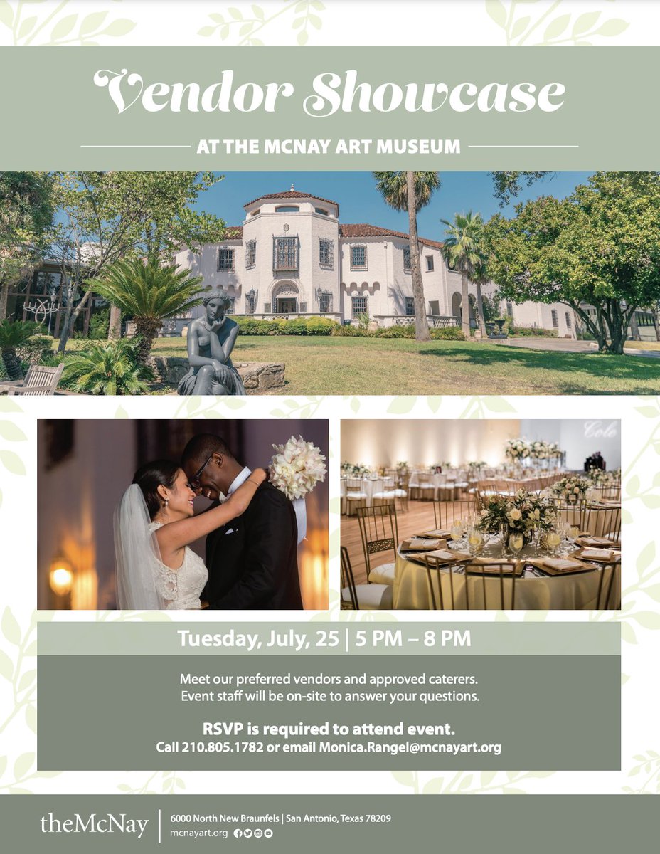 Join us at the <a href="/McNayArt/">McNay Art Museum</a> for their Vendor Showcase on Tuesday, July 25th from 5pm-8pm.

Meet preferred vendors &amp; approved caterers like ourselves. 𝙍𝙎𝙑𝙋 𝙞𝙨 𝙧𝙚𝙦𝙪𝙞𝙧𝙚𝙙 𝙩𝙤 𝙖𝙩𝙩𝙚𝙣𝙙. Call 210-805-1782 or email Monica.Rangel@McNayArt.org.