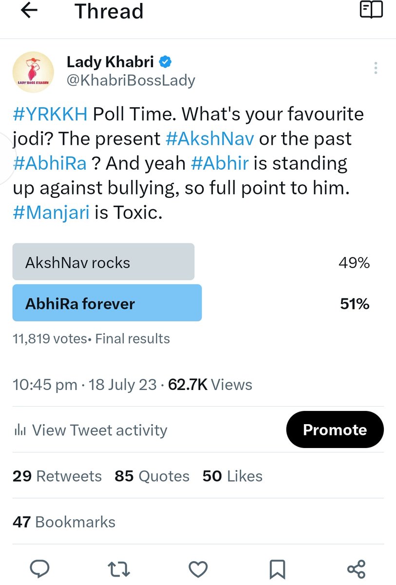 KhabriBossLady's tweet photo. With 62.7 K tweet views, only kids will say that bots were used in this poll. Gone are the days of using bots in Polls. So in this poll #AbhiRa jodi WON, that being said, #AkshNav fandom too is becoming more & more powerful. Fact remains #Yrkkh is one of the most watched show . https://t.co/KUKX9tf8pp