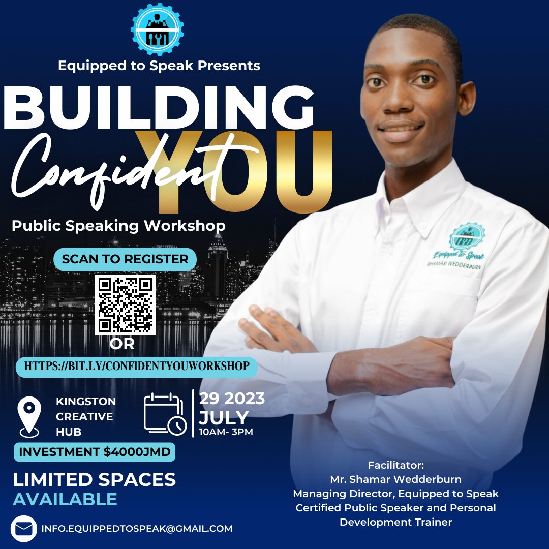 SSWedderburn's tweet photo. GM Twitter, please Retweet for your networks.

Are you a Young Professional in 🇯🇲? Small entrepreneur? Student? Have you wanted to learn how to be a natural speaker and craft a compelling message that gets results?
Then this workshop - by my company Equipped to Speak is for YOU! https://t.co/CBCAap9CGY