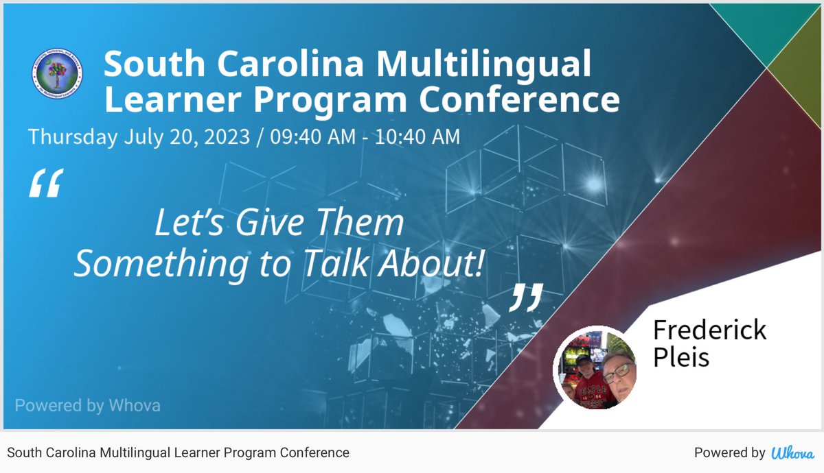 SenseiFredsMojo's tweet image. I am speaking at South Carolina Multilingual Learner Program Conference. Please check out my talk on Thursday at 9:40 am if you&apos;re attending the event. Love to see your face in the space! #SCarolinaMLs #SCMLProgram @SCarolinaMLLs @EducationSC @EllevationEd - via #Whova event app