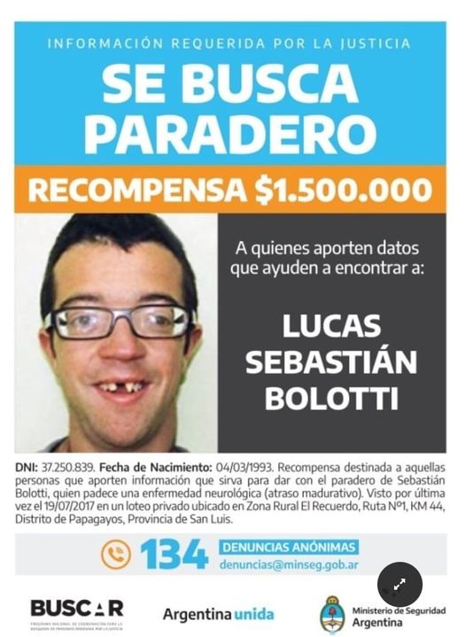Hace 6 años buscan a Lucas Bolotti. Desapareció un 19/7/17, de Papagayos, San Luis. Lucas jugaba en una casa que tenía la familia acompañado de su mamá. Al advertir su ausencia solo por minutos lo empezaron a buscar y nunca más lo encontraron. Lucas jamás se alejaba de su flia.