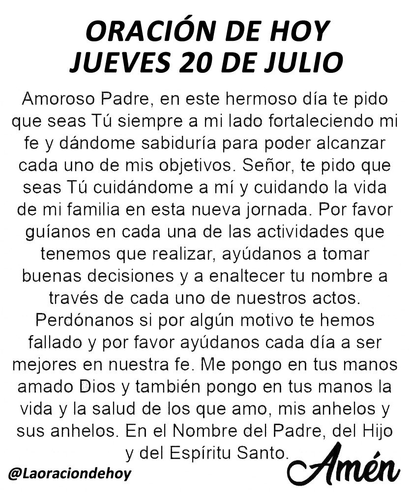 Oración diaria para hoy jueves 20 de julio de 2023.