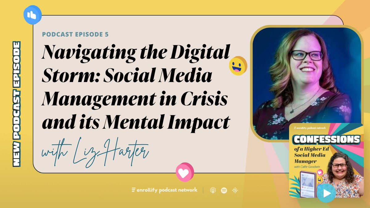 CallieGoodwin's tweet image. New Episode Alert! 🚨I had such a fun time recording this episode with @EAHarter for my podcast, Confessions of a Higher Ed Social Media Manager! Join us for a fun conversation about social media management in crisis and it’s impact on mental health. Listen below on the