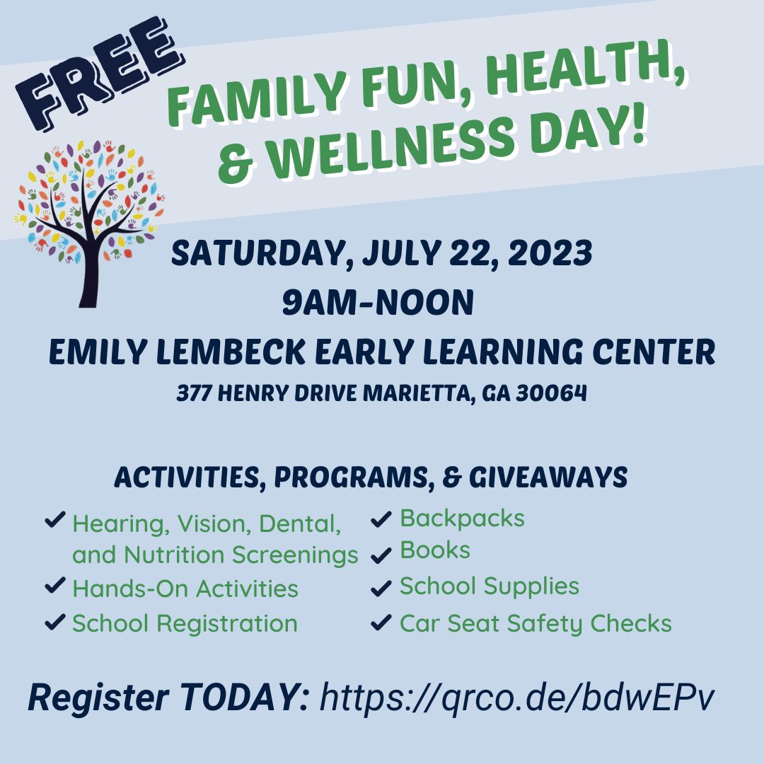 SawyerRoad's tweet photo. Come and join us for our FREE community-wide Health, Wellness, &amp; Family Fun event! Students will be able to receive vision, hearing, dental, and nutrition screenings for their Form 3300 all while having fun! Register by visiting https://t.co/X4AIl5MH6p
@MariettaCitySch https://t.co/4FEvg58vaL