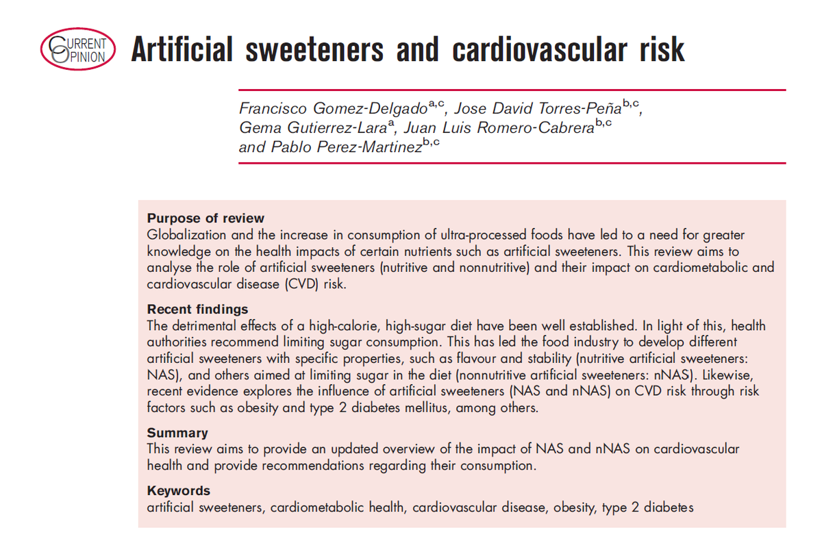 Revisamos las evidencias sobre el efecto de los edulcorantes artificiales y el riesgo cardiovascular. No son tan inocuos como se creía. Discutimos sus mecanismos. <a href="/Sociedad_SEMI/">Sociedad Española de Medicina Interna</a> <a href="/sea_es/">Arterias Sanas</a> <a href="/HUReinaSofia/">Hospital Universitario Reina Sofía</a> <a href="/gomezdelgadoFJ/">FJGomezDelgado</a> 

📰acortar.link/NfnDJm
DOI: acortar.link/MJu96q