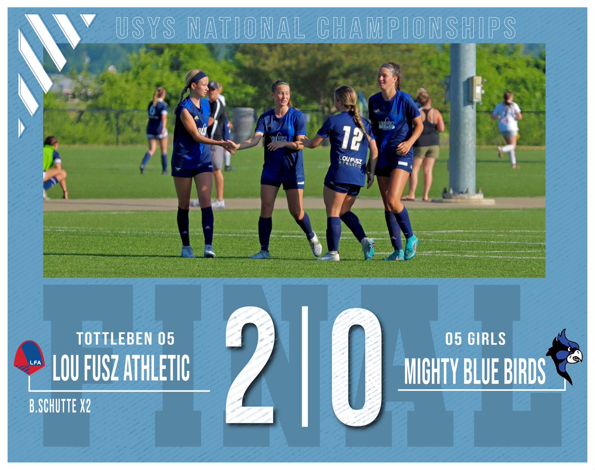 Final from day 1 ✅

Recap ⬇️

A first half brace from 𝘽𝙡𝙖𝙞𝙣𝙚 𝙎𝙘𝙝𝙪𝙩𝙩𝙚 (assists from 𝙅.𝙏𝙤𝙩𝙩𝙡𝙚𝙗𝙚𝙣 and 𝙈.𝙑𝙖𝙨𝙞𝙡𝙤𝙛𝙛) give us the win over the Mighty Bluebirds on day 1 of USYS Nationals!

<a href="/LouFuszSoccer/">Lou Fusz Soccer Club</a> | #Foritall