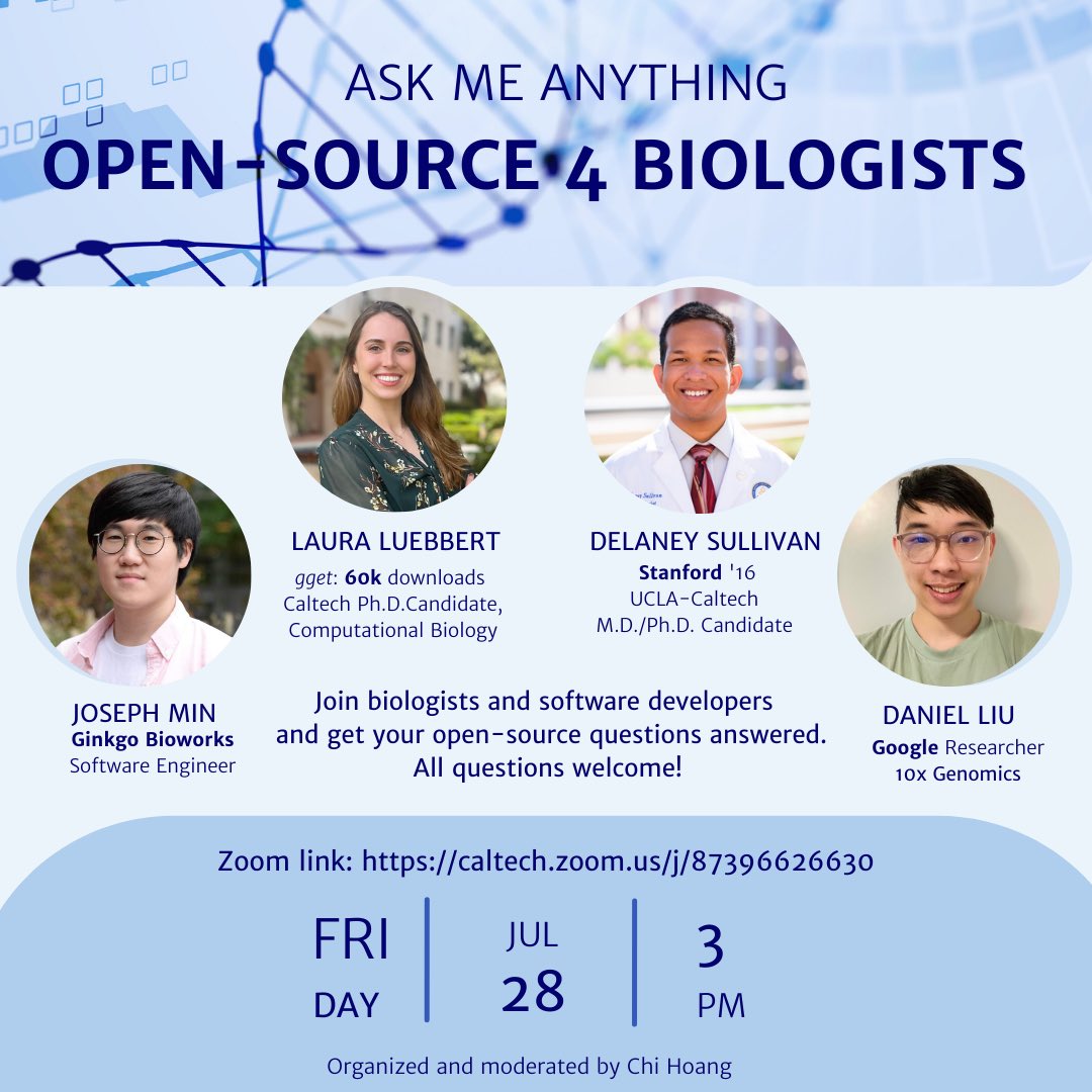 NeuroLuebbert's tweet photo. My amazing undergrad mentee @ChiHoangCaltech is organizing a panel to answer all of your questions around getting started with open-source software in biology. Please join us for a casual AMA:

Featuring the amazing @daniel_c0deb0t @DelaneyKSull and @lioscro https://t.co/FW31IGPUkf