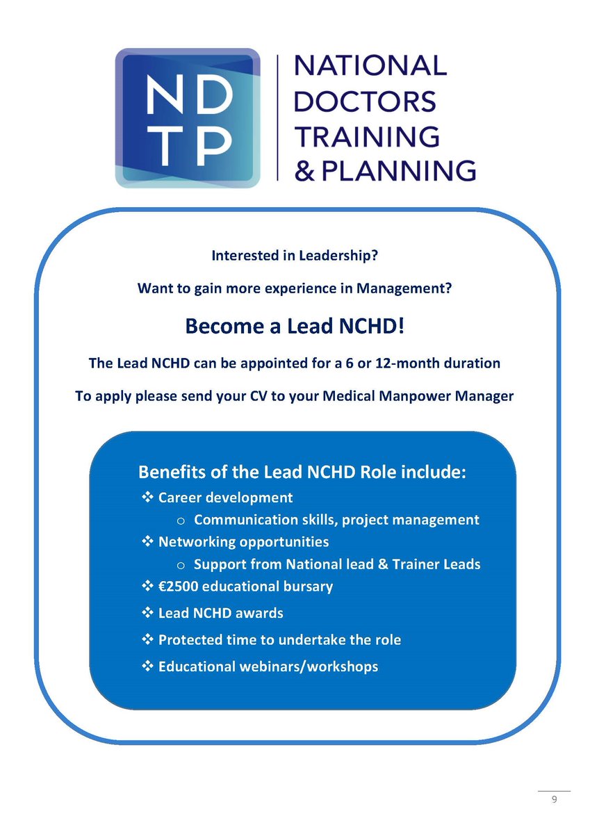 Save the date! 📅 Our first Lead NCHD workshop will be held in Dr. Steeven's Hospital (HSE HQ) on 22nd September 🍂 We are lining up an exciting list of speakers to discuss all things Leadership and Quality Improvement 💬 See poster below for more details @NDTP_HSE