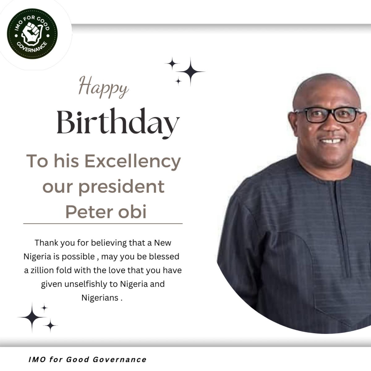 Happy birthday to his Excellency 
Mr Peter Obi
Thank you for believing that a New Nigeria is possible 
Thank you for changing the leadership Narrative in Nigeria 
<a href="/akachi68/">Rowlenxshot💯</a> 
@NNlewoha 
<a href="/Owerrilord/">PRAISE</a> 
<a href="/Nappunzel/">Napunzel 🌹OdiBeEze 1🤗</a> 
<a href="/Onyi/">Onyi</a> 
<a href="/OOdocha/">Extraordinary oma</a> 
<a href="/Veryjules/">veryjules</a>