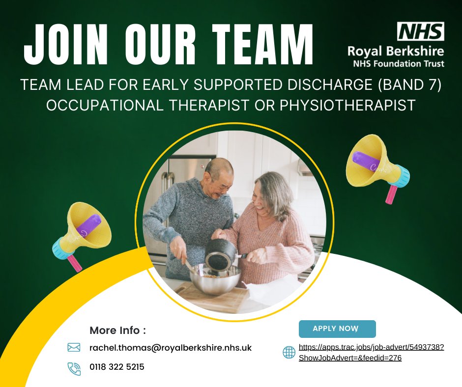 RBH THERAPY TEAM (@rbhtherapyteam) on Twitter photo 🚨🔔 TEAM LEAD FOR EARLY SUPPORTED DISCHARGE SERVICE🔔🚨
Band 7 role suitable for OT or PT
- Fantastic service development opportunity
- #HomeFirst approach
- Rehab focus
- Acute and community assessments
#nhsjobs #OTjobs #physiojobs <a href="/theRCOT/">Royal College of Occupational Therapists</a> <a href="/thecsp/">Chartered Society of Physiotherapy (CSP)</a>
apps.trac.jobs/job-advert/549… 🚨🔔 TEAM LEAD FOR EARLY SUPPORTED DISCHARGE SERVICE🔔🚨
Band 7 role suitable for OT or PT
- Fantastic service development opportunity
- #HomeFirst approach
- Rehab focus
- Acute and community assessments
#nhsjobs #OTjobs #physiojobs <a href="/theRCOT/">Royal College of Occupational Therapists</a> <a href="/thecsp/">Chartered Society of Physiotherapy (CSP)</a>
apps.trac.jobs/job-advert/549…