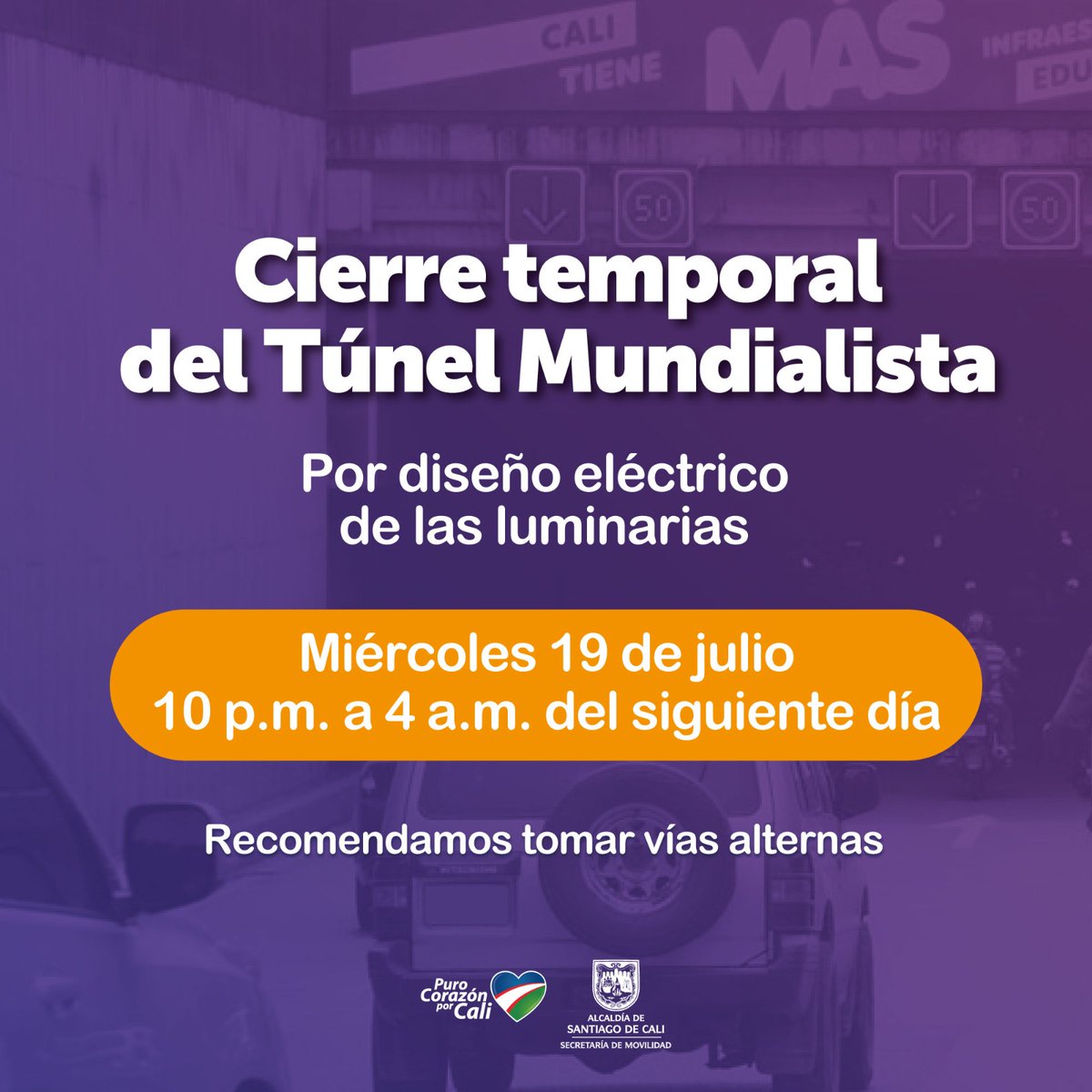 ⚠️#ATENCIÓN⚠️

Hoy miércoles, a partir de las 10 p.m. hasta las 4 a.m. de mañana, se presentará cierre en el Túnel Mundialista por diseño eléctrico de las luminarias.

Recomendamos a la ciudadanía tomar vías alternas.

#CaliTeQuiere💙❤️💚
<a href="/AlcaldiaDeCali/">Alcaldía de Cali</a> <a href="/JorgeIvanOspina/">Jorge Ivan Ospina</a>
