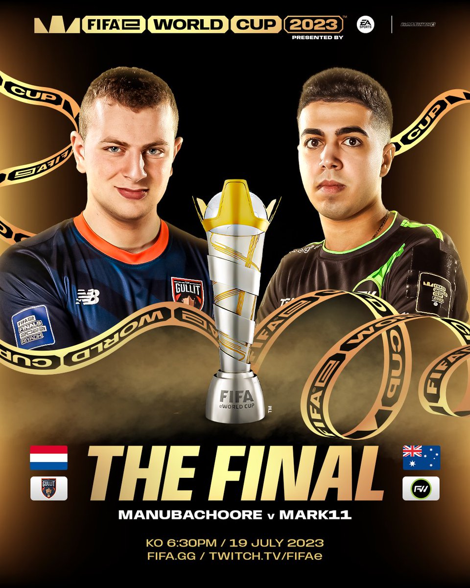 THE FINAL TWO✌️ ManuBachoore 🇳🇱 v Mark11 🇦🇺 Which player are you backing to take the #FeWC title? 🏆 Follow the FIFAe World Cup Final live NOW FIFA.gg or Twitch 🎥