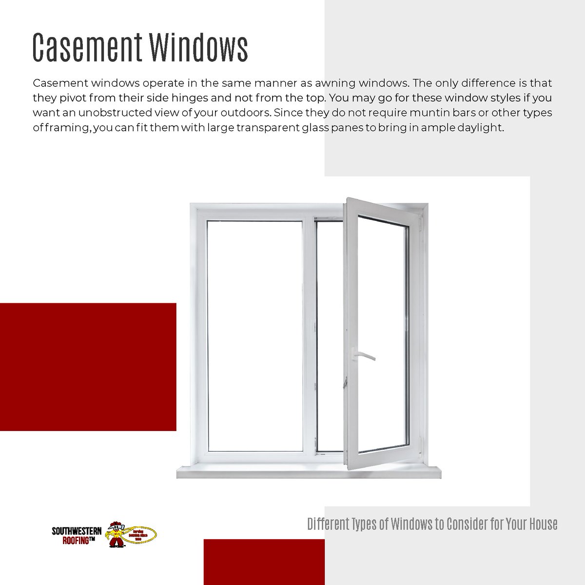 swroofing_tm's tweet photo. There are different types of windows available on the market — each with its own specific functions. While some units are easy to operate, others are perfect for a broad view of your outdoors. 

#southwesternroofing #TypesofWindows #Windows #WindowsForYourHouse #texas #roofin ... https://t.co/vL85gJKnXA