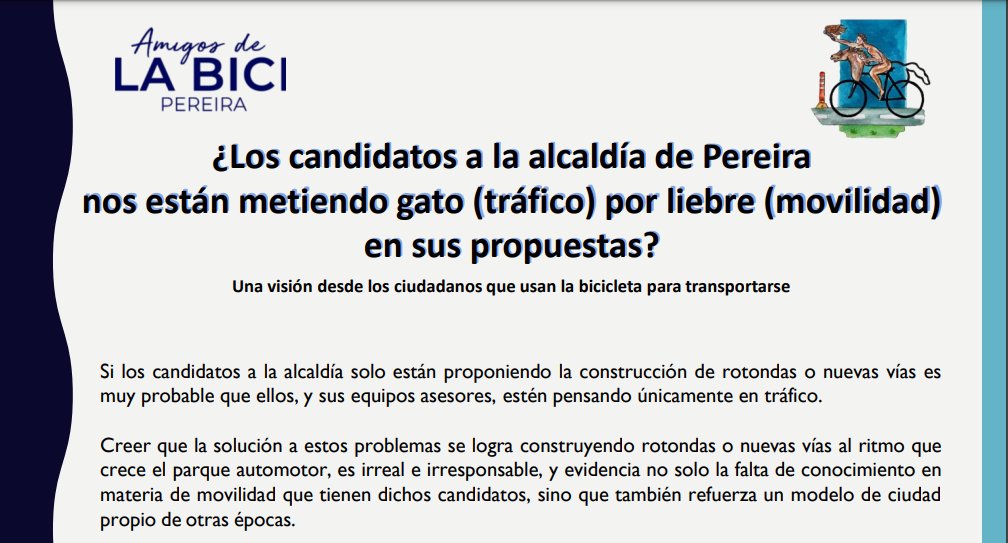 Hace poco @amigosdelabici hizo entrega de la propuesta de movilidad sostenible a los candidatos a la alcaldía de Pereira (<a href="/maicolopera/">Maicol Lopera Cardona</a>, @steven_cardenas, @dianaosoriopei, @marthaAlzate,). Conozca el documento: drive.google.com/file/d/123QoUO…