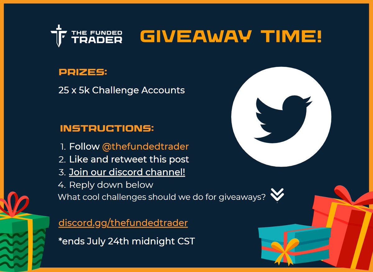 thefundedtrader's tweet image. Twitter Exclusive Giveaway! 

We are giving away 25 x $5k accounts

Follow all the steps in the graphic below ⤵️

Reply to the Tweet : 
What cool challenges should we do for giveaways? 🤩
Example: Running or Eating quickly

*Ends July 24th Midnight!