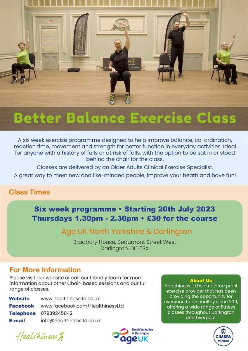 LivHealthiness's tweet photo. #NewClass starting 20th July 2023 at Age UK North Yorkshire &amp; Darlington. Improve your #balance, #strength #coordination with seated or standing options. Please give us a call or message for more information.
#HealthyDarlington https://t.co/8UkhkLgaXe