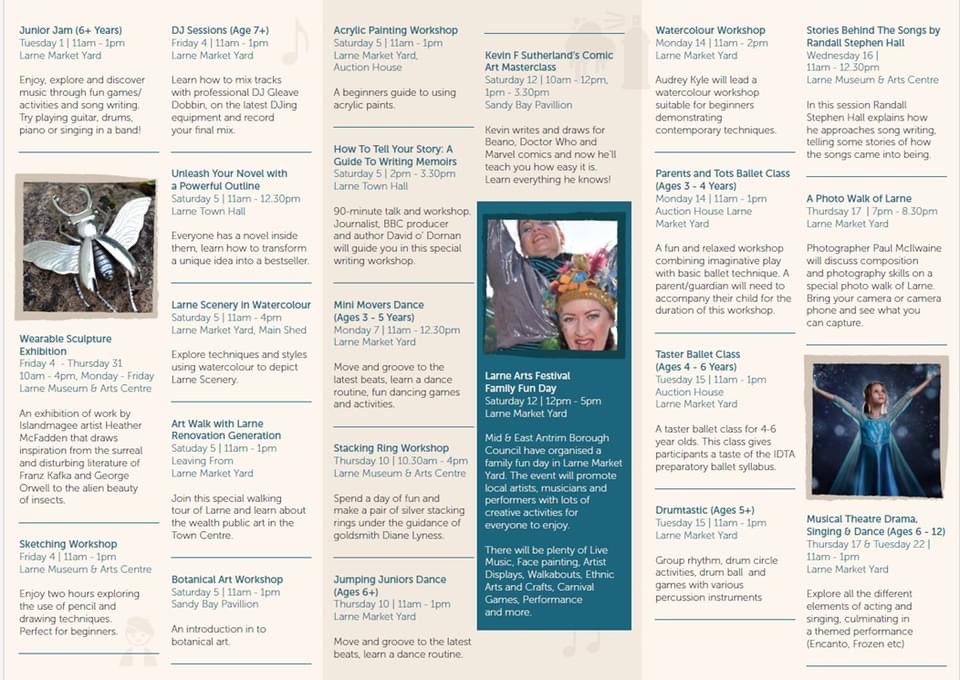 Check out the full #Larne Arts Festival listings! There are loads of workshops, exhibitions, tours, talks, and events for everyone to choose from. Head to ticketsource.co.uk/larnearts for more details and to book. #MEArts <a href="/mea_bc/">Mid and East Antrim Borough Council</a>