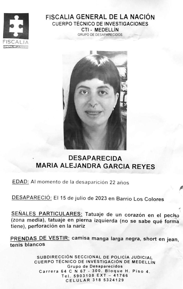 unavictorino's tweet photo. La hija de una amiga desapareció hace unos días en Medellín.  Les pido difundir. https://t.co/OWxUQLr8TC