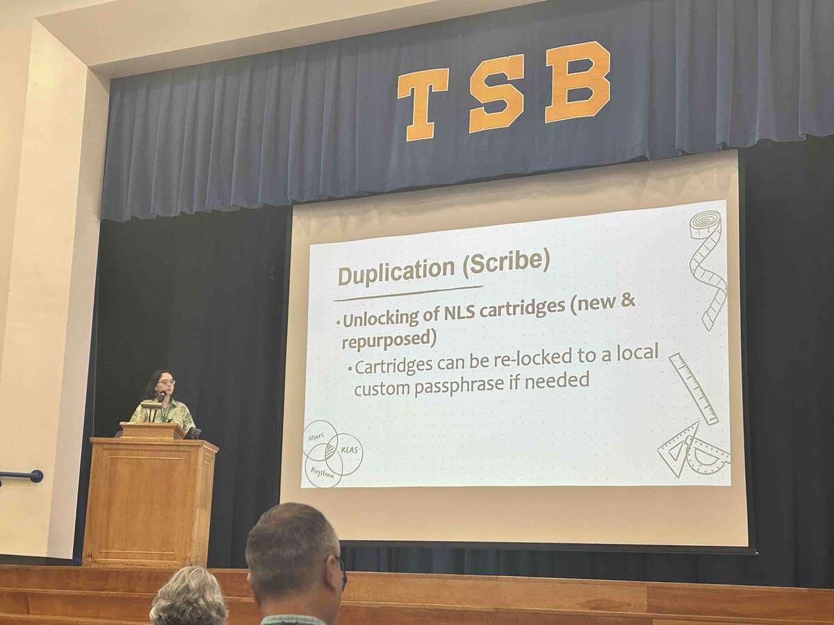 KLASlibraries's tweet image. Katy Patrick updates #KLASUC2023 attendees on new features in #KLAS for #LBPD #KLASusers in the TN School for the Blind auditorium.