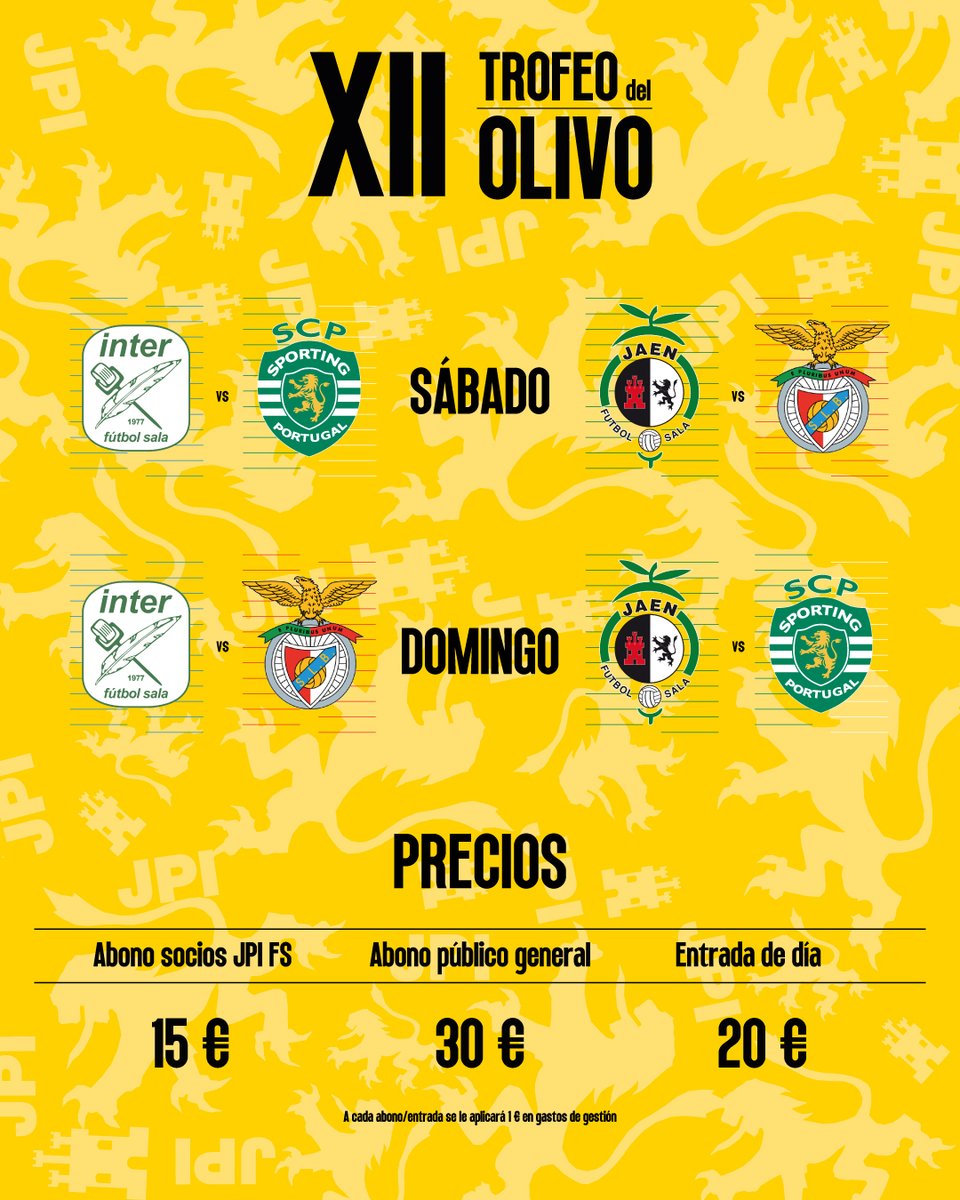 🔀 Eliminatorias y precios

🗓️ Sábado
1⃣ <a href="/InterMovistar/">Movistar Inter FS</a> 🆚 <a href="/SCPModalidades/">Sporting CP - Modalidades</a>
2⃣ <a href="/JaenFS/">Jaén Paraíso Interior FS</a> 🆚 <a href="/modalidadesslb/">SLBenfica Modalidades</a>

🗓️ Domingo
3⃣ <a href="/InterMovistar/">Movistar Inter FS</a> 🆚 <a href="/modalidadesslb/">SLBenfica Modalidades</a>
4⃣ <a href="/JaenFS/">Jaén Paraíso Interior FS</a> 🆚 <a href="/SCPModalidades/">Sporting CP - Modalidades</a>

👉 Abono socios JPI FS: 15€
👉 Abono púb. general: 30€
👉 Entrada de día: 20€

#SomosJaén💛
