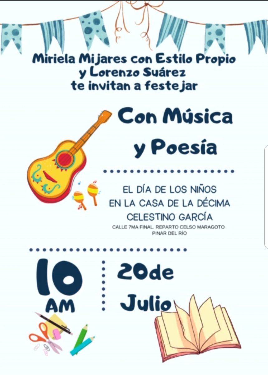 PromotoraEPCME's tweet photo. De Trova y Poesía. Traslada su habitual escenario de la Casa Cultural Amauta, para la Casa de la Décima  y se ofrece, gustoso y feliz, a niñas, niños y adolescentes. Sus anfitriones, la cantautora Miriela Mijares Márquez y el escritor Lorenzo Suárez Crespo. Jueves 20 de Julio. https://t.co/rGOnERiev6