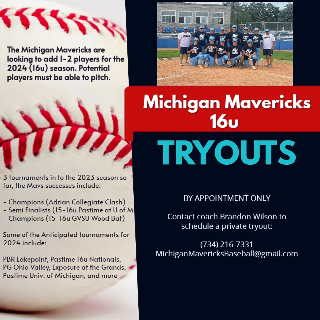 MavsMichigan's tweet photo. Next week (7/25 &amp; 7/26) are our last tryout dates. 

2023 Accomplishments so far:

19-5 overall record (with 2 tourneys left)

CHAMPIONS - Adrian College Classic

SEMI-FINALISTS - Pastime at U of M

CHAMPIONS - Grand Valley State Wood Bat

RUNNER UP - Legacy College Prep https://t.co/TUZhj5lLhy