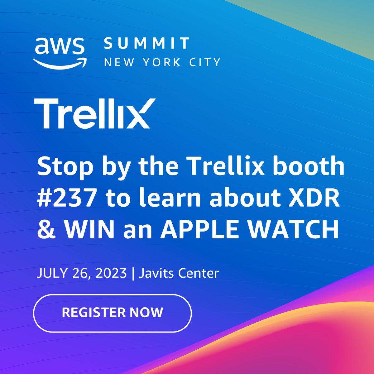 Trellix's tweet photo. You’re invited to #AWSSummitNY on 7/26 for a free day of learning and collaboration with @awscloud experts, partners, and customers. Stop by booth #237 to dive into #LivingSecurity and #XDR with #TeamTrellix—you might even win an Apple watch. 👀 https://t.co/Kfy9CmEgZ3 #AWSEvents https://t.co/86xn6lulvP