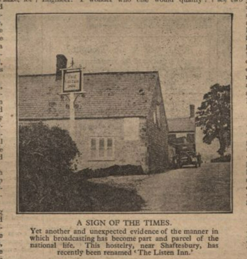 In honour of the increasingly popular medium of radio, this pub near Shaftesbury renamed itself The Listen Inn. Taken from The Radio Times, 2nd November 1928. #radio #1920s #pubnames