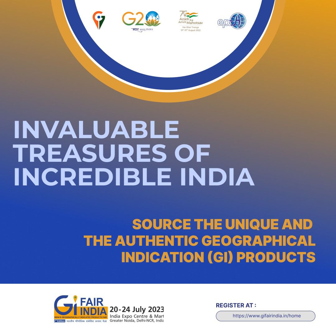 IndiaGIFair's tweet photo. Discover India's Invaluable Treasures at the Geographic Induction (GI) Fair! 
Unearth authentic GI products from Incredible India! Join us from 20-24 July 2023 at India Expo Centre, Delhi-NCR. B2B Sourcing &amp; Retail Buying. Don't miss it! 

Register at:
https://t.co/EbVI5QrWMR https://t.co/DOZ2U2kKVt