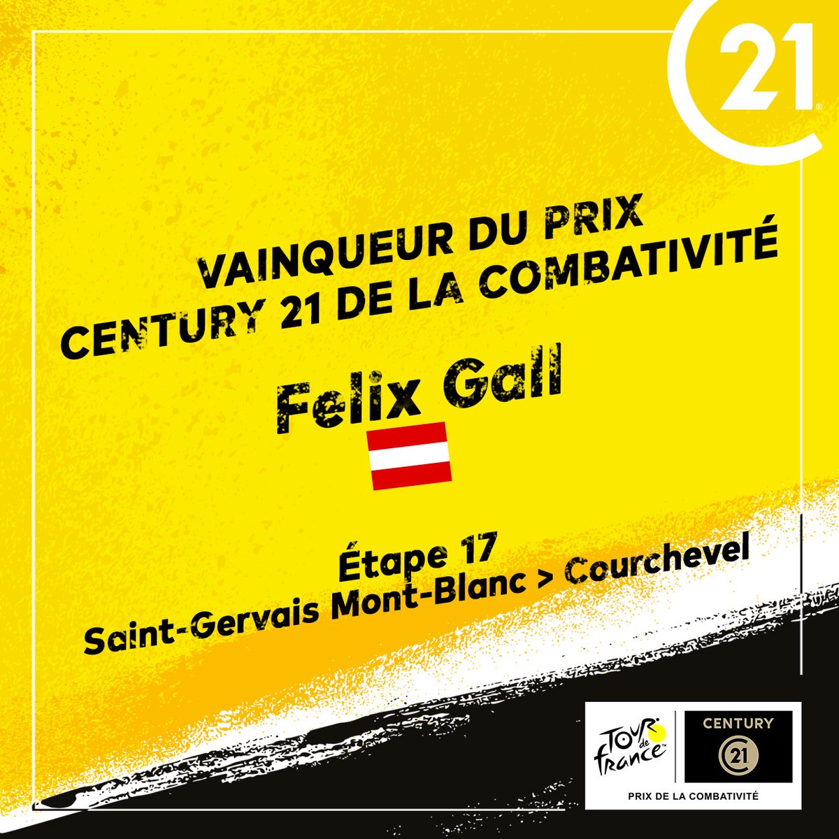 century21fr's tweet photo. #TDF2023  | 🇦🇹 Félix Gall de l'équipe @AG2RCITROENU19 est le vainqueur du Prix CENTURY 21 de la Combativité sur l'étape 17 du Tour de France.
@LeTour https://t.co/HnW6vryskB