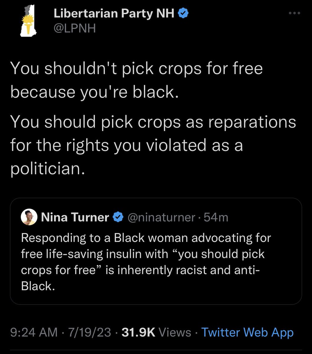 Just to be clear: the statement that prompted this was “insulin should be free.” People who need insulin to live should not have to pay on average $98/vial when it costs $10 to produce. This belief prompted this party to say “you should pick crops.”