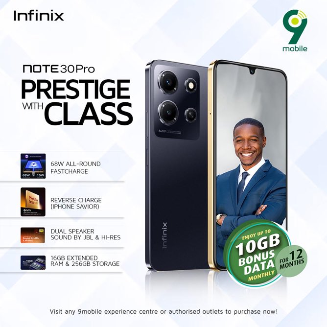T2mobile_ng's tweet image. Searching for a smartphone that meets all your needs? Grab the Infinix Note 30 Pro today! 

Visit any 9mobile center or authorized outlets to purchase now and enjoy up to 10GB monthly for 12 months.

#InfinixNote30Pro
#9mobileNG