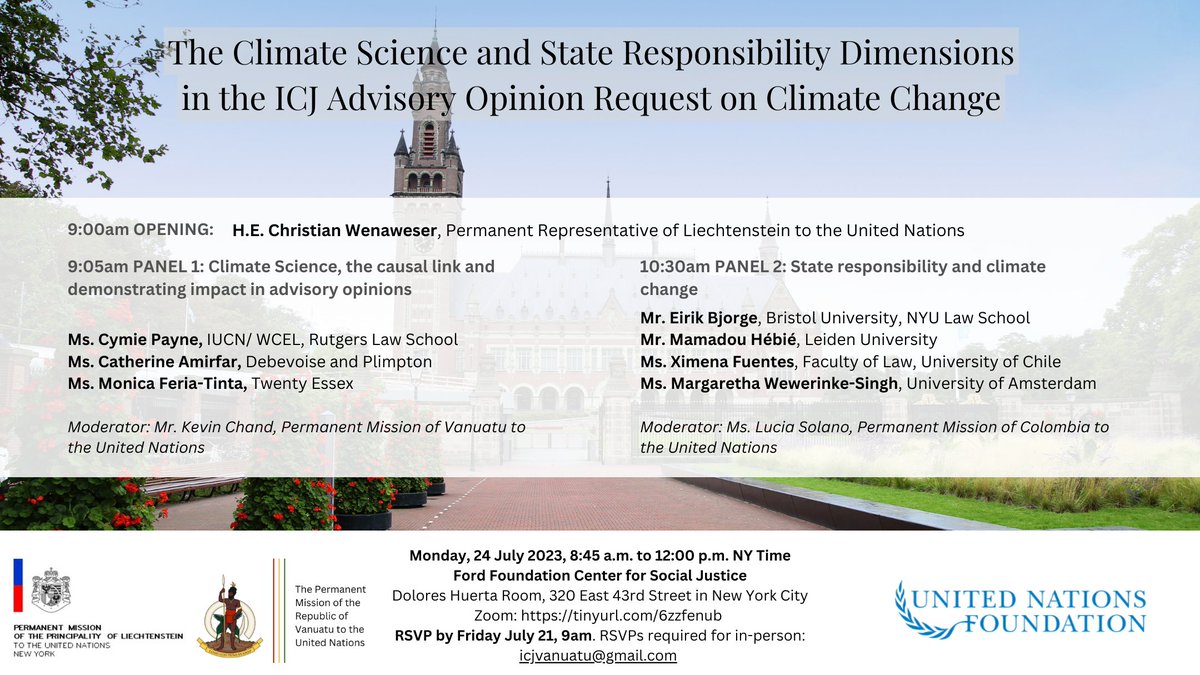 Vanuatu UN (@vanuatuun) on Twitter photo Event: Inviting UN delegates to a hybrid panel discussion on the important facets of the #ICJAO4Climate including climate science and its role in the <a href="/CIJ_ICJ/">CIJ_ICJ</a> <a href="/ITLOS_TIDM/">International Tribunal for the Law of the Sea</a> proceedings, and state responsibility and its intersection with climate change. July 24 at the Ford Event: Inviting UN delegates to a hybrid panel discussion on the important facets of the #ICJAO4Climate including climate science and its role in the <a href="/CIJ_ICJ/">CIJ_ICJ</a> <a href="/ITLOS_TIDM/">International Tribunal for the Law of the Sea</a> proceedings, and state responsibility and its intersection with climate change. July 24 at the Ford